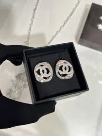 Celine silver full diamond double C hollow square earrings-3901