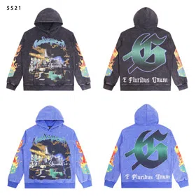 Godspeed Skull Denim Print Terry Distressed Hooded Sweatshirt-4567