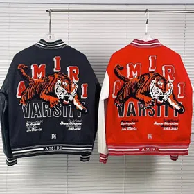 Amiri Embroidered Letter Baseball Jacket with Padded Leather Sleeves-4759