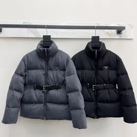 Prada stand-collar wool fabric long-sleeved belted thickened warm down jacket-5346