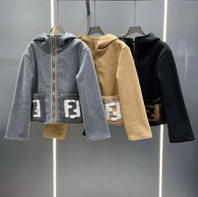 Fendi new wool blend zip-up hooded short jacket-5378