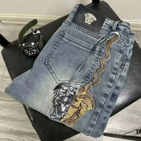 Versace new embroidered casual straight-leg versatile denim trousers-5868