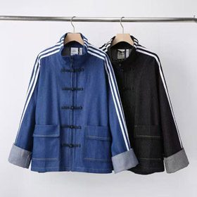 Adidas Three-Stripe Denim Tang Jacket with Stand Collar and Frog Fastenings-6657