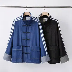 Adidas Three-Stripe Denim Tang Jacket with Stand Collar and Frog Fastenings-6657