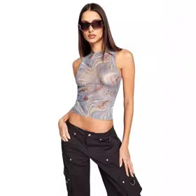 I.AM.GIA Marble Stripe Bodycon Sleeveless Mesh Halter Top-6743